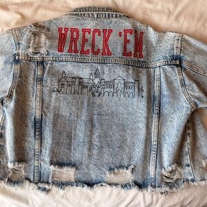 Rivalry Threads Light Wash Denim Jacket with Red "WRECK 'EM" Appliqué